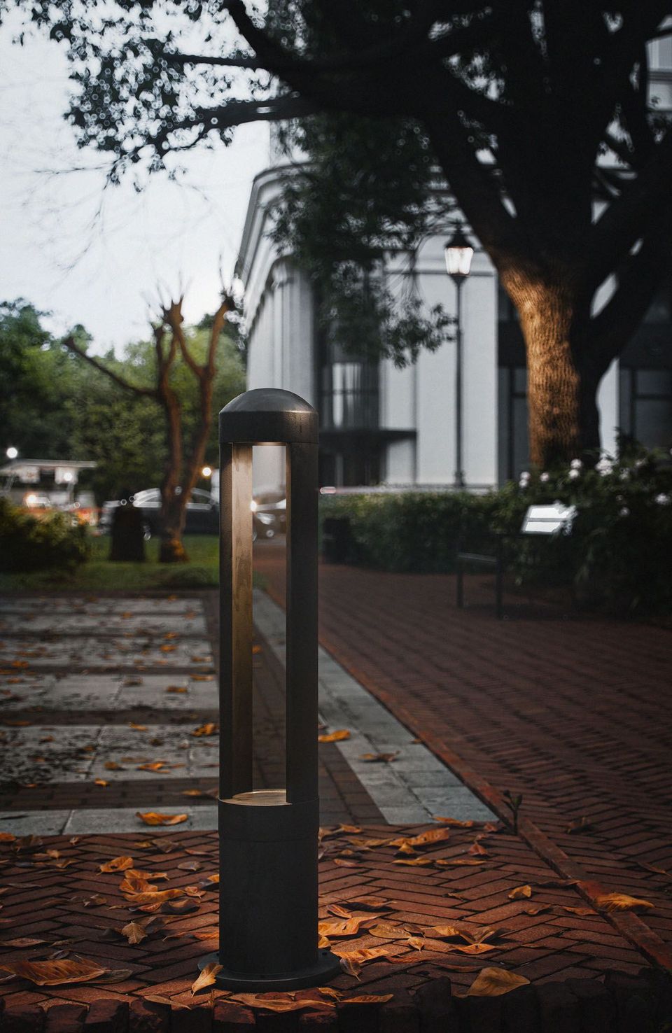 3D rendering of an outdoor lamp post in a realistic setting, showcasing photorealistic CGI and 3D visualization techniques.