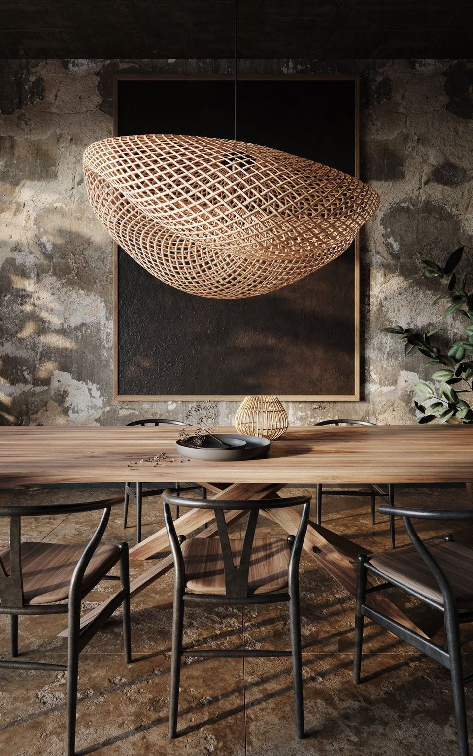 High-quality 3D rendering of a dining room featuring bespoke furniture and a woven pendant light, showcasing photorealistic interior visualization.