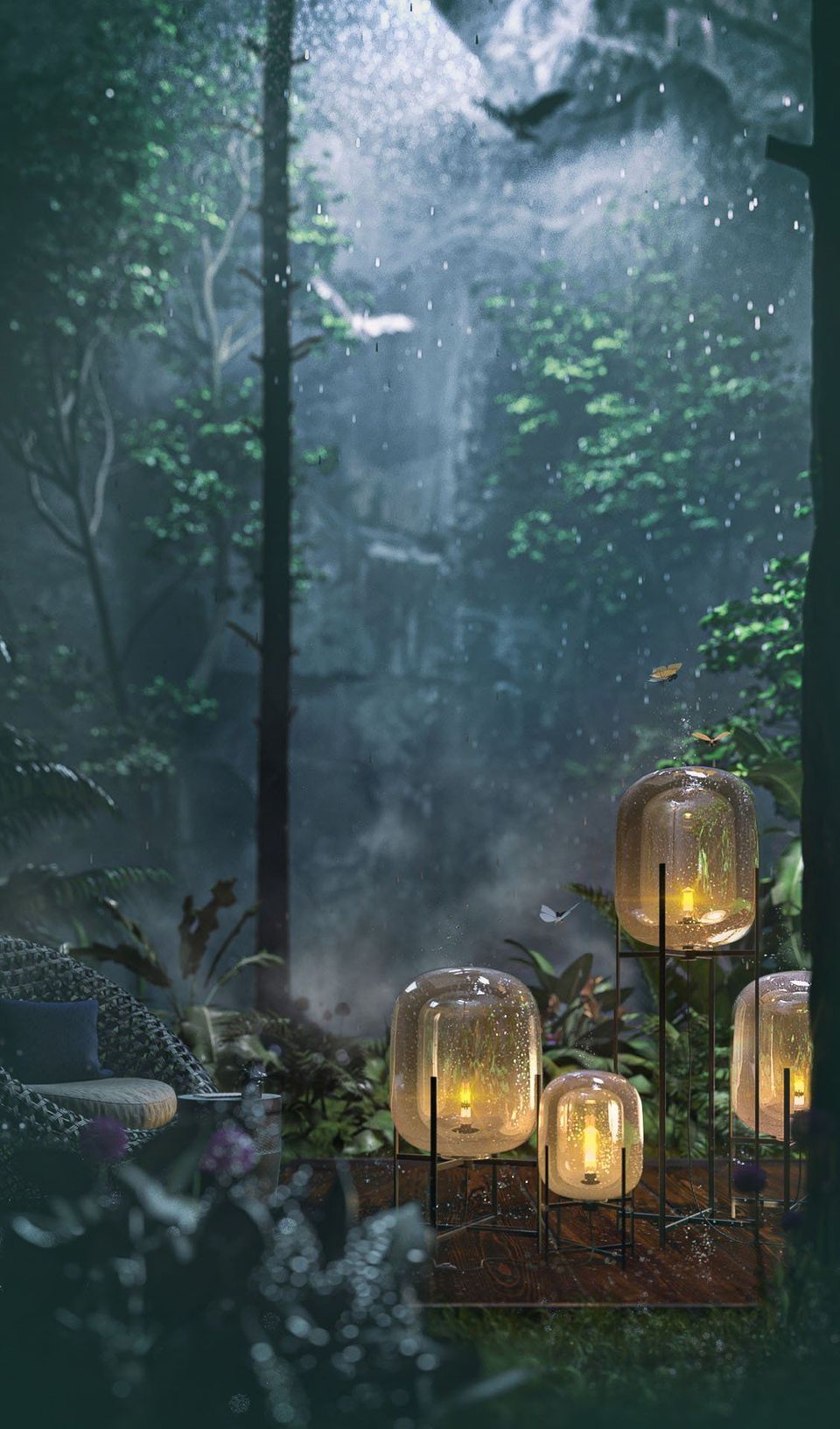 Photorealistic 3D rendering of product with glowing lamps in a forest, showcasing 3D product modeling and visualization.
