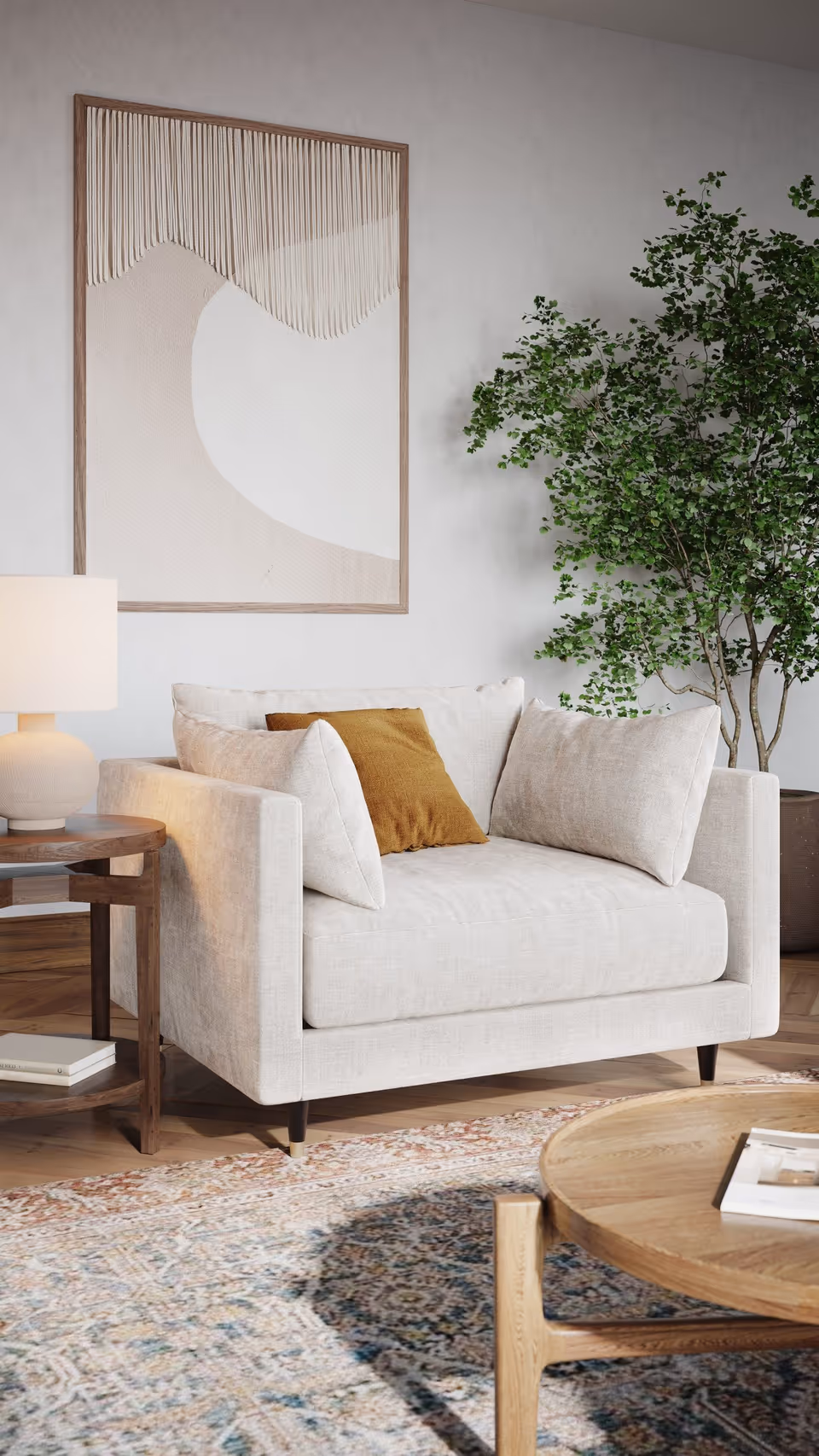 Photorealistic 3D rendering of a cozy living room with a modern armchair, showcasing 3D furniture modeling and visualization.