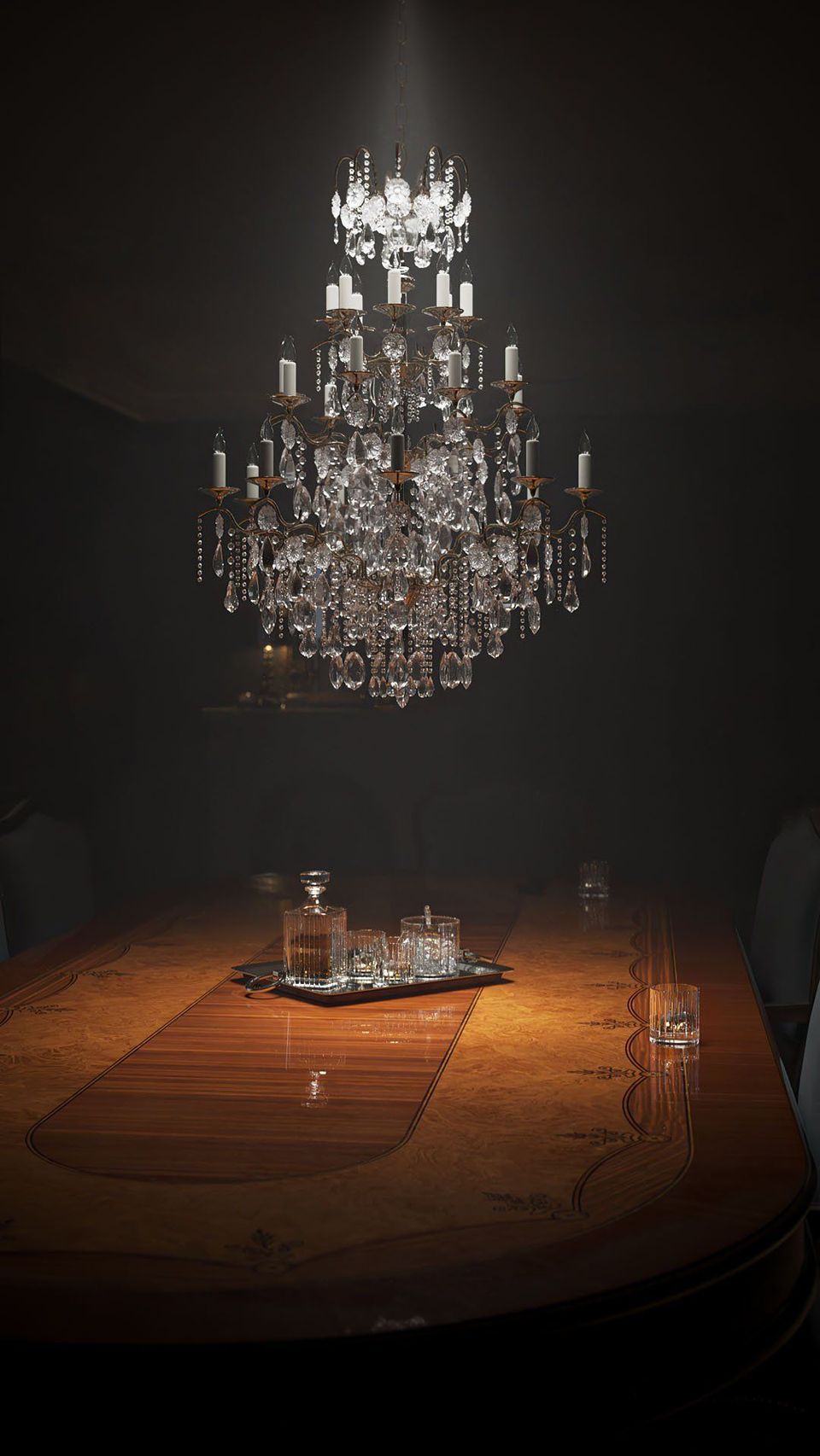 High-quality 3D rendering of a dining room featuring a detailed chandelier and elegant table setting, showcasing photorealistic interior visualization.