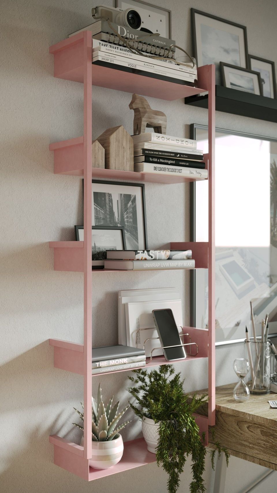 3D house fittings visualization showcasing a trendy pink shelf with books and decor, highlighting 3D interior rendering and photorealistic CGI.