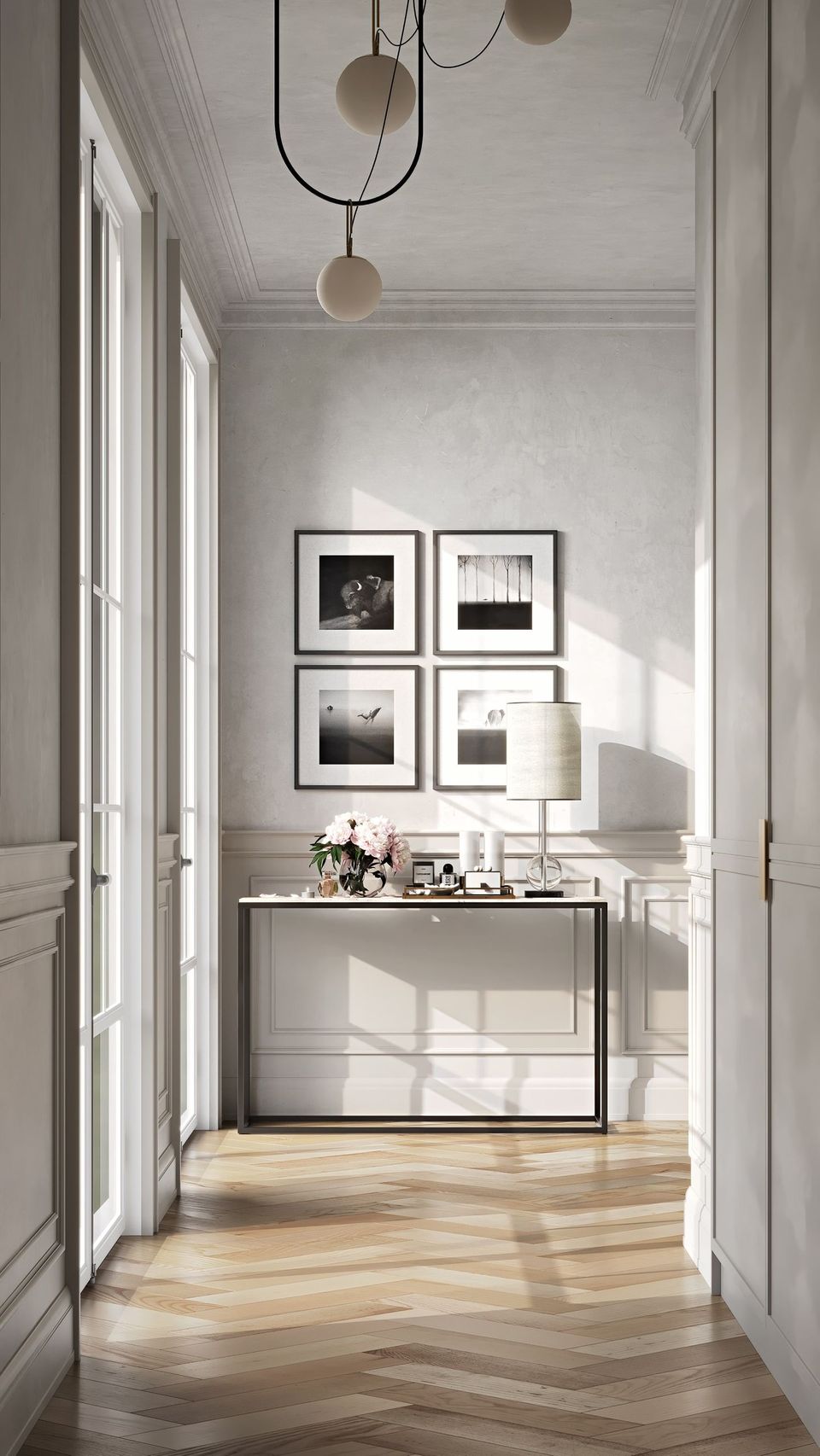 Realistic 3D rendering of a trendy hallway with house fittings, showcasing photorealistic interior visualization and custom 3D modeling.