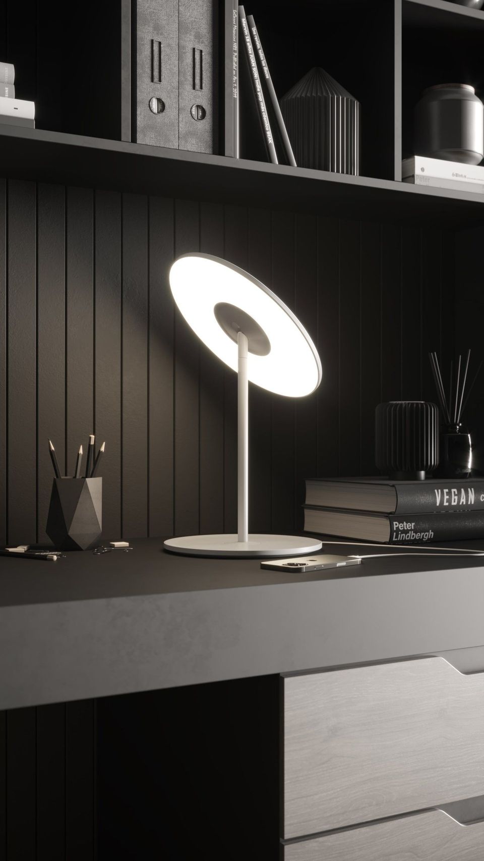 3D rendered image of a trendy desk lamp on a dark desk, showcasing 3D house fittings modeling and visualization
