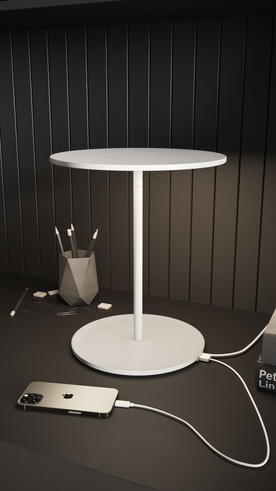 3D rendered image of a trendy table with phone and stationery, showcasing 3D house fittings modeling and visualization