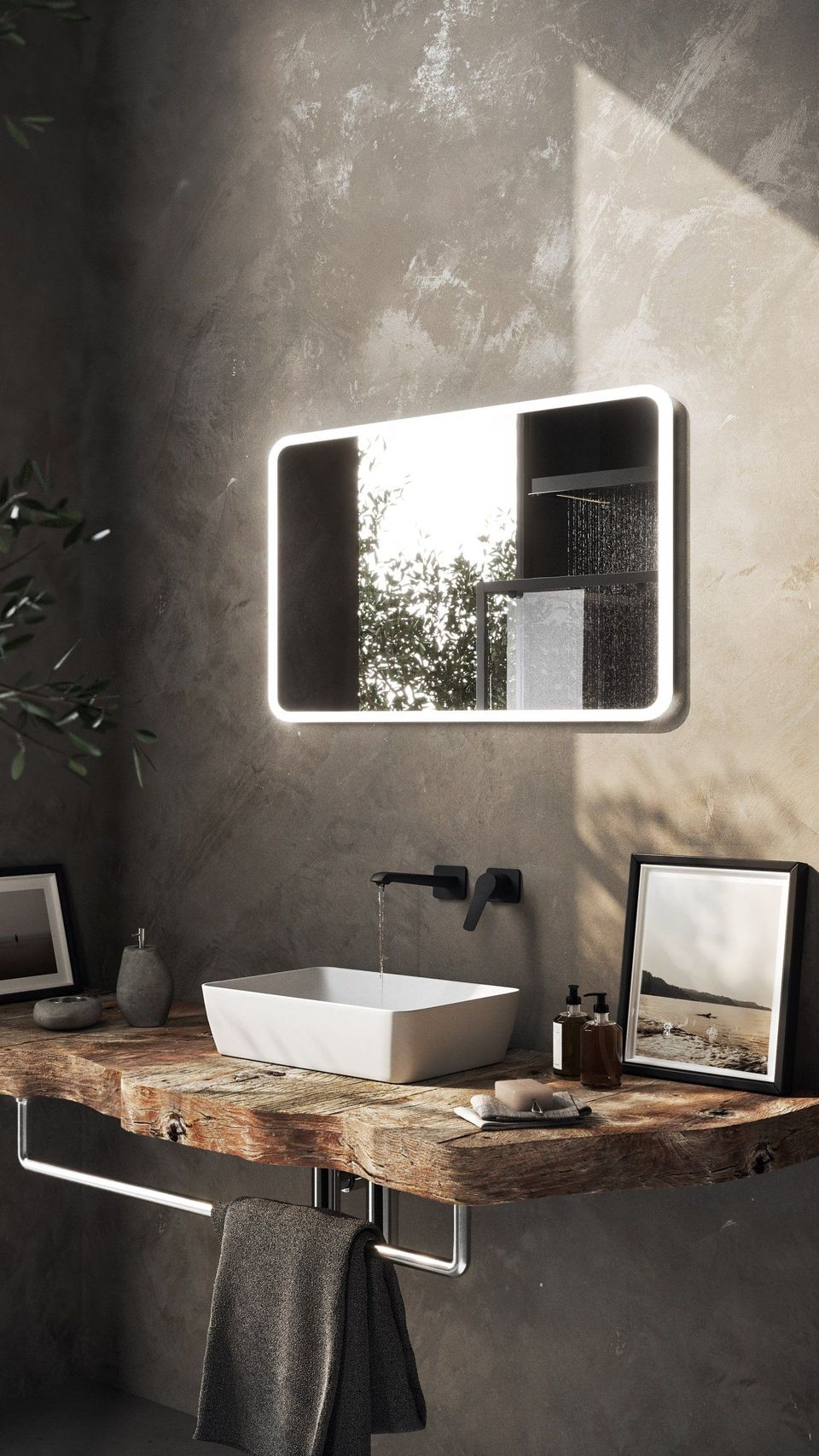 3D Visualization Of A Modern Rustic Bathroom Furniture With A Wooden Vanity, Rectangular Sink, And Backlit Mirror