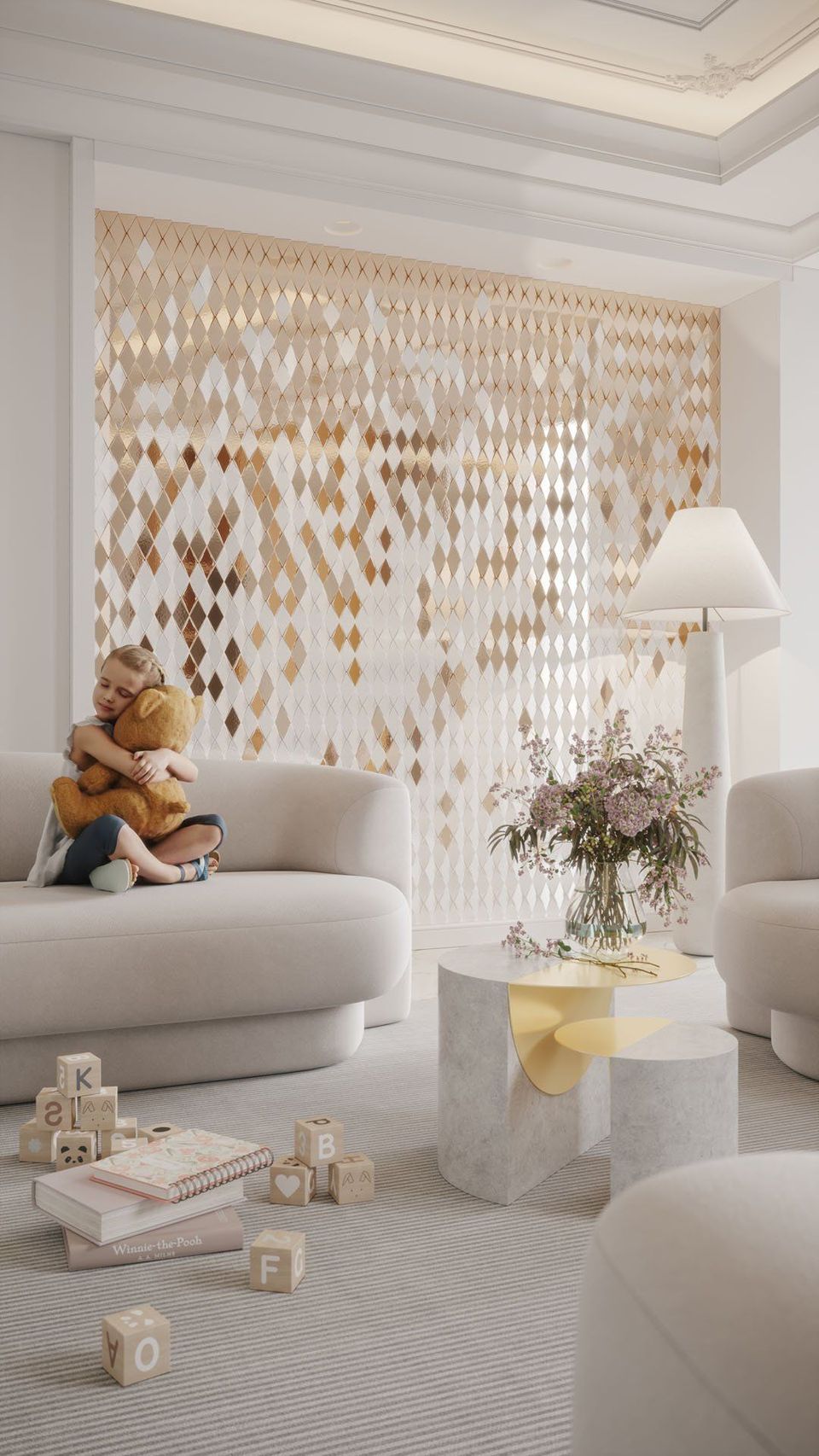 3D Visualization Of A Room With White Tiles and Girl on the Sofa