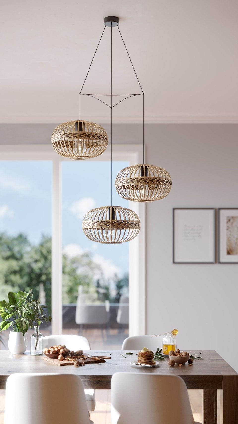 3D interior rendering showcasing a dining room with trendy pendant lights, realistic house fittings rendering, and photorealistic visualization.