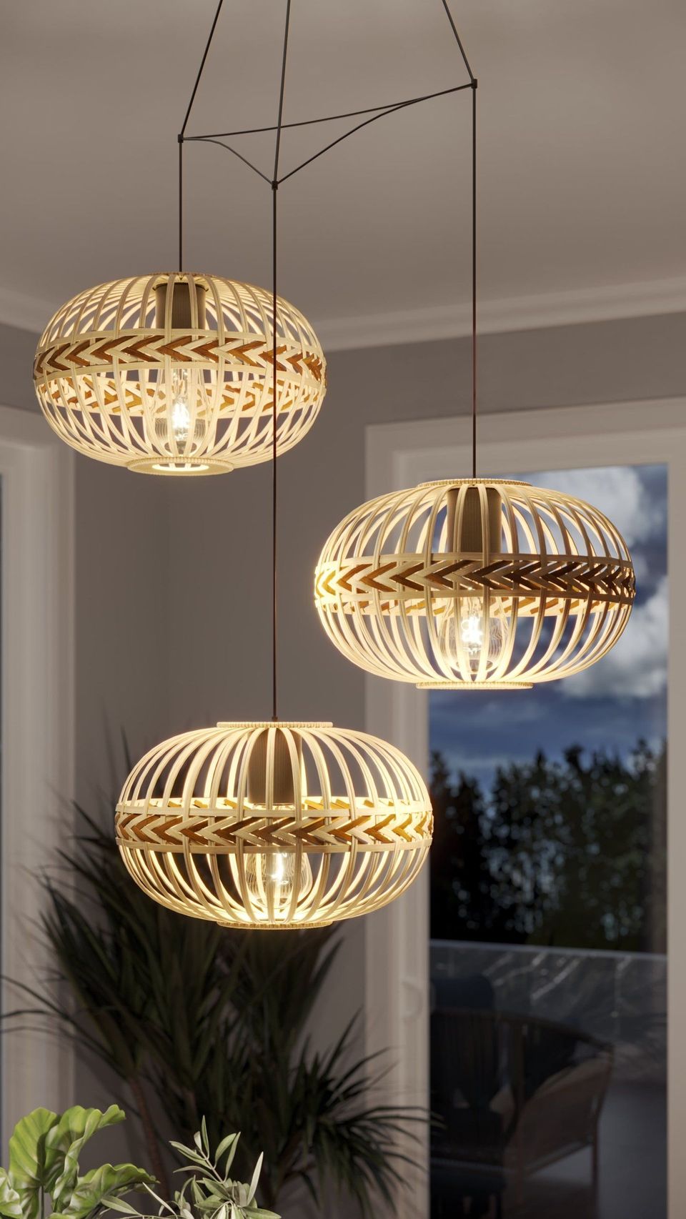 Photorealistic 3D rendering of trendy pendant lights, showcasing high-quality CGI visualization and realistic house fittings rendering.