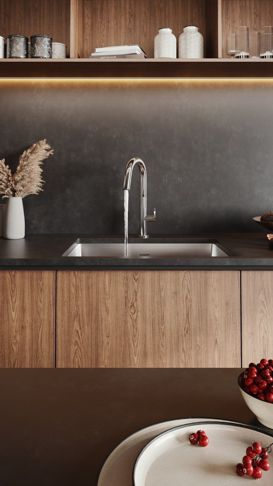 3D kitchen interior rendering showcasing a modern sink and countertop, highlighting photorealistic furniture visualization and top-notch 3D modeling.