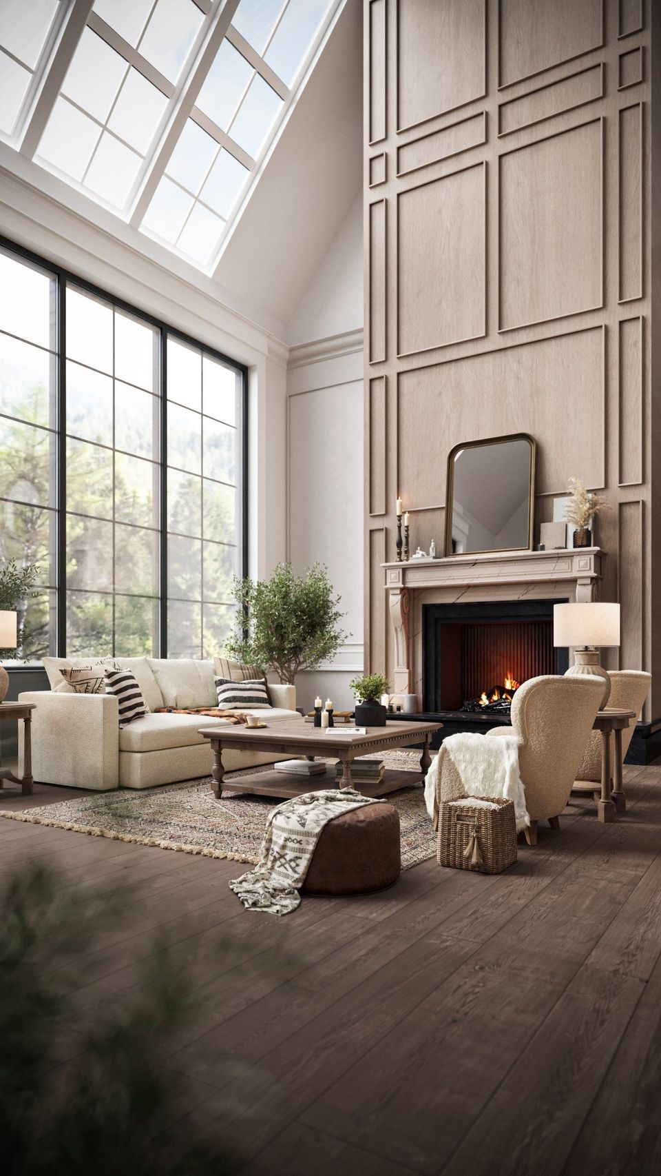 First-class 3D product visualization showcasing a cozy living room with fireplace, featuring realistic product rendering and 3D interior visualization.