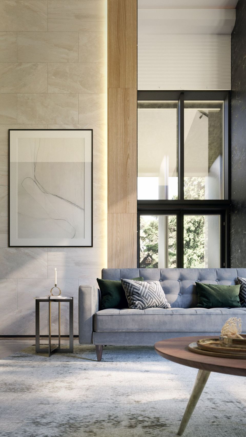 Realistic 3D rendering of a trendy living room showcasing realistic house fittings and interior design, featuring a sofa, table, and decor elements.