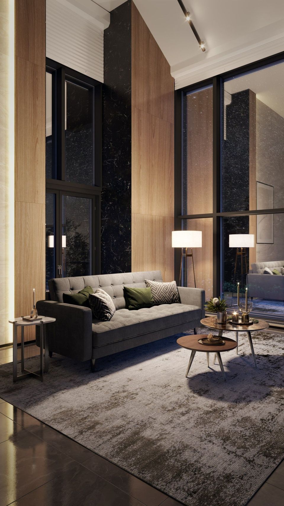 3D Rendering Of A Tall Living Room With Floor-To-Ceiling Windows And Gray Sofa