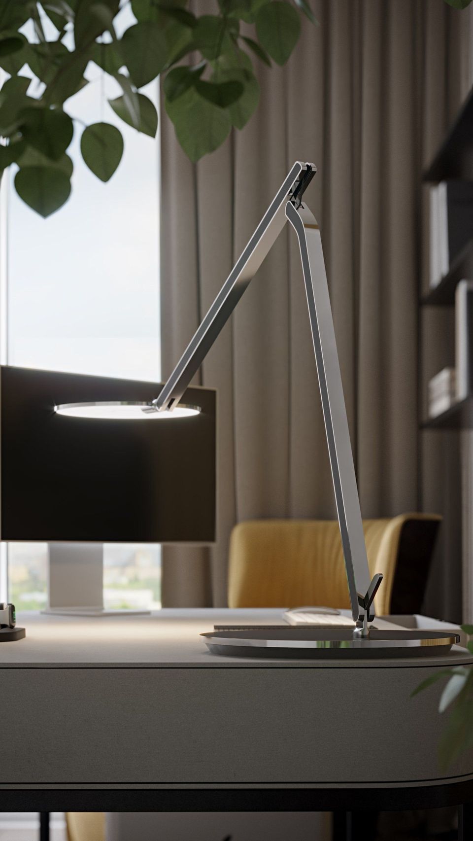 3D Visualization Of Modern Silver Desk Lamp On Dark Wooden Surface With Natural Light
