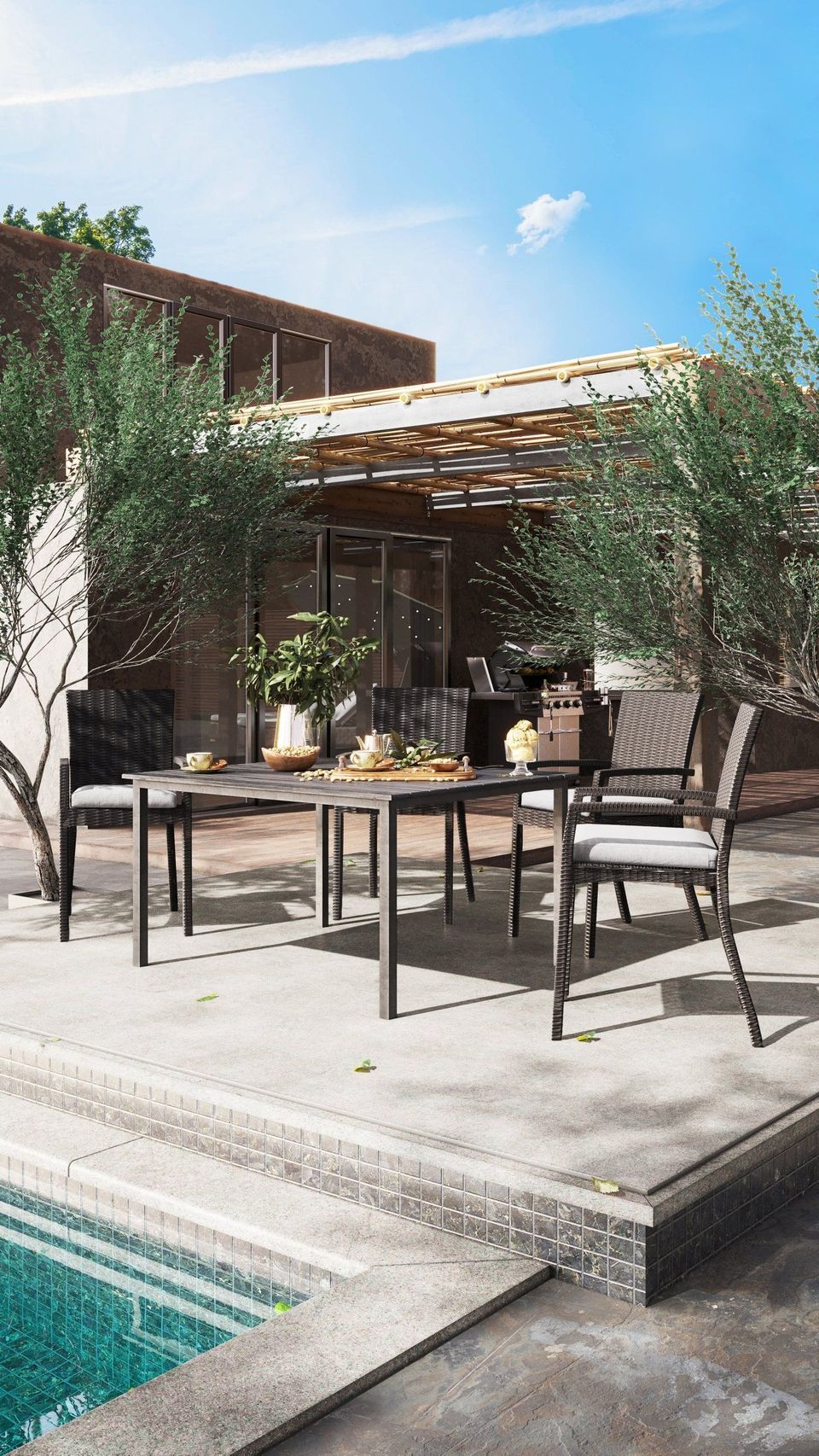 3D Visualization of an Outdoor Dining Set on a Patio with Poolside View and Greenery