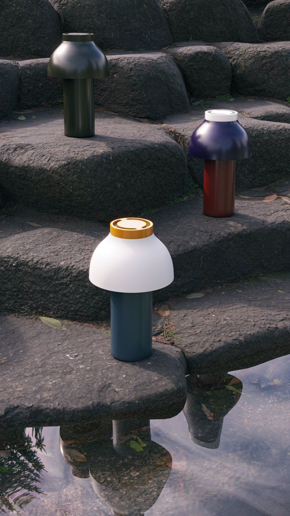 3D product rendering showcasing modern lamps on stone steps, highlighting photorealistic CGI and 3D visualization techniques.