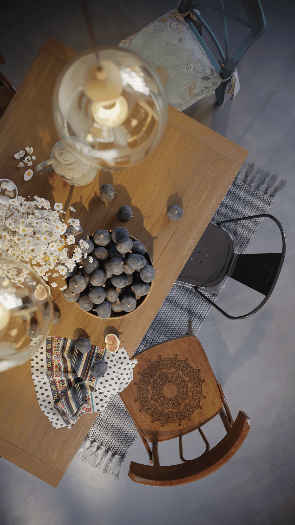 Realistic 3D rendering of a dining table with chairs, showcasing realistic house fittings visualization and photorealistic CGI details.