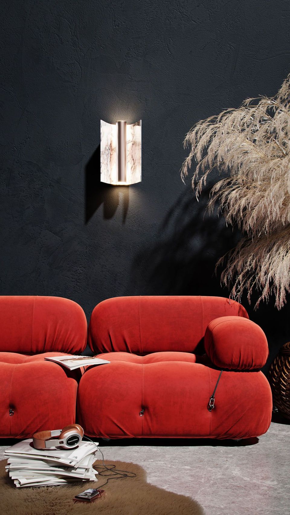 3D house fittings modeling and rendering showcasing a trendy red sofa in a stylish interior setting, highlighting photorealistic visualization and CGI solutions.