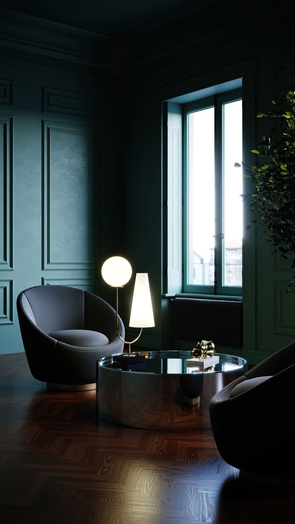 3D Rendering of a Table Lamp and Armchair in a Stylish Living Room Interior With Dark Walls and Wood Flooring