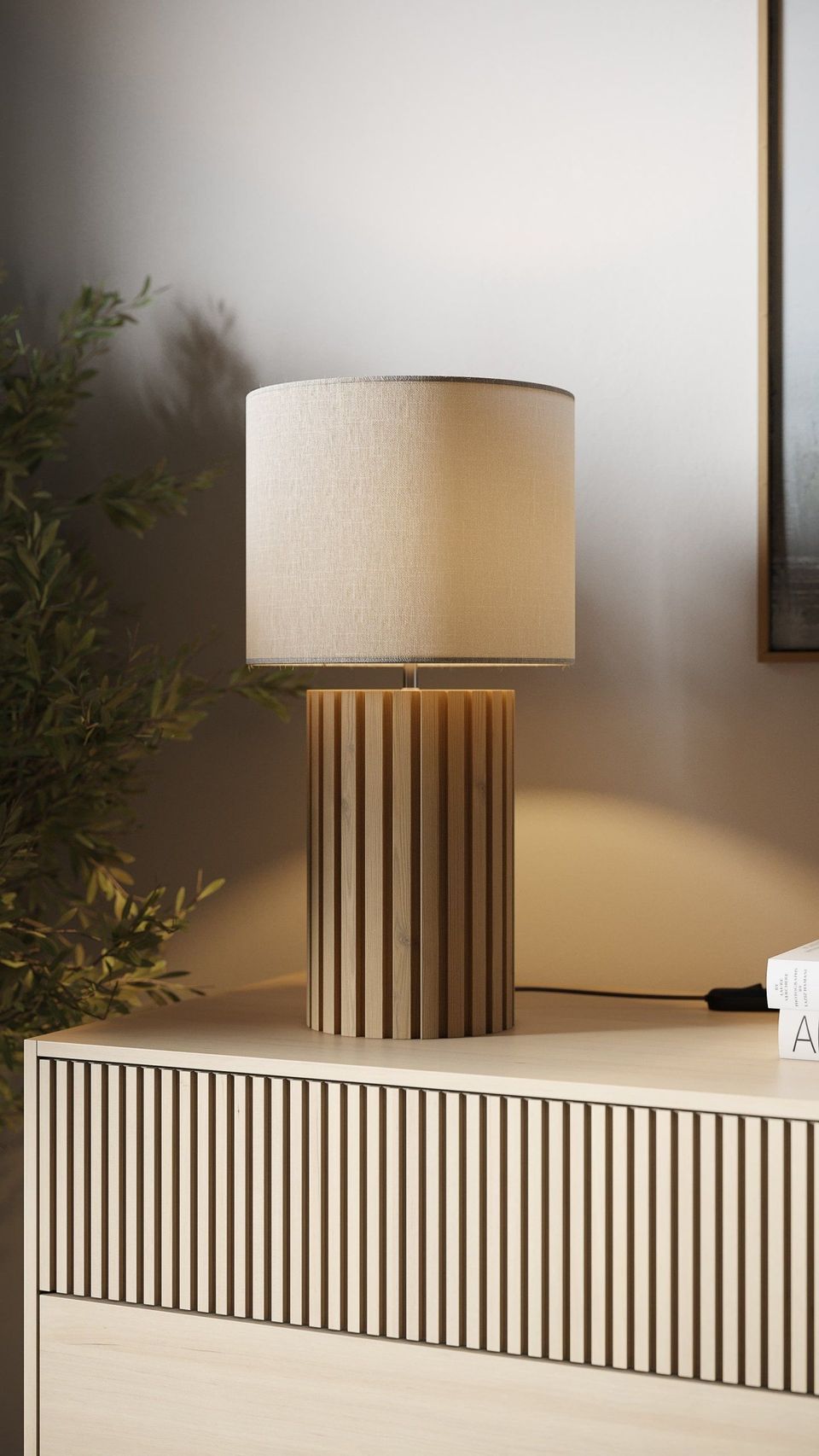 3D rendered image of a modern lamp on a wooden dresser, showcasing first-class product visualization and realistic rendering.