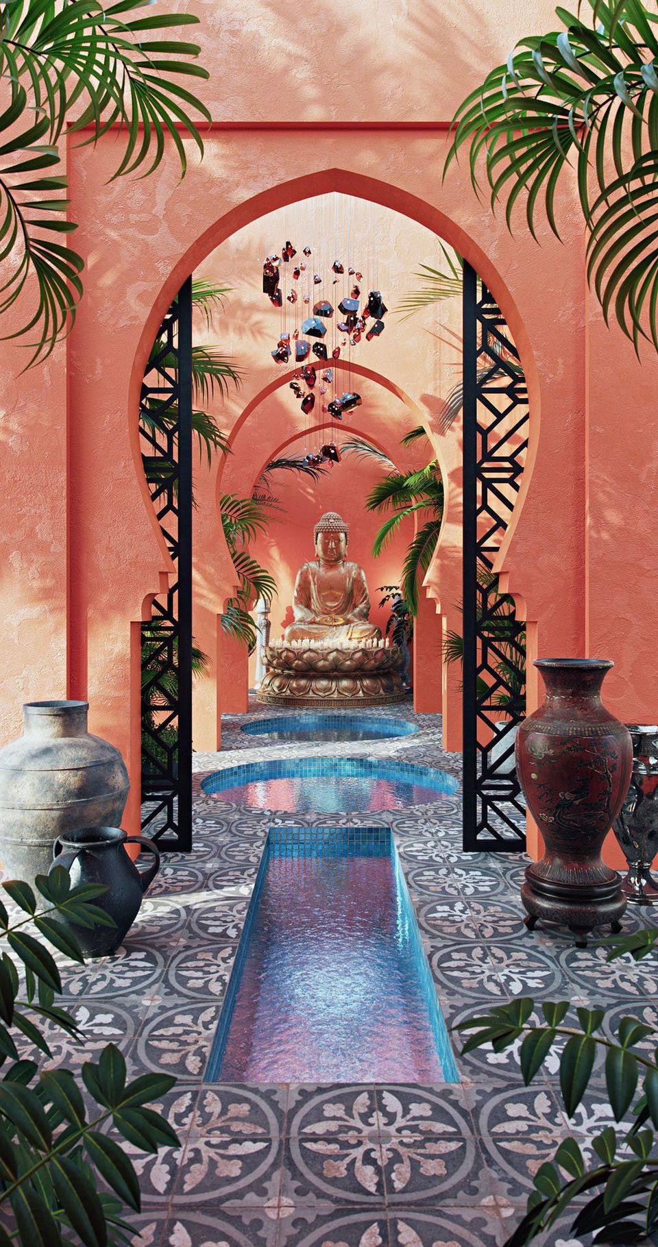 3D rendering of a serene courtyard featuring a Buddha statue, showcasing high-quality 3D house fittings modeling and photorealistic visualization.