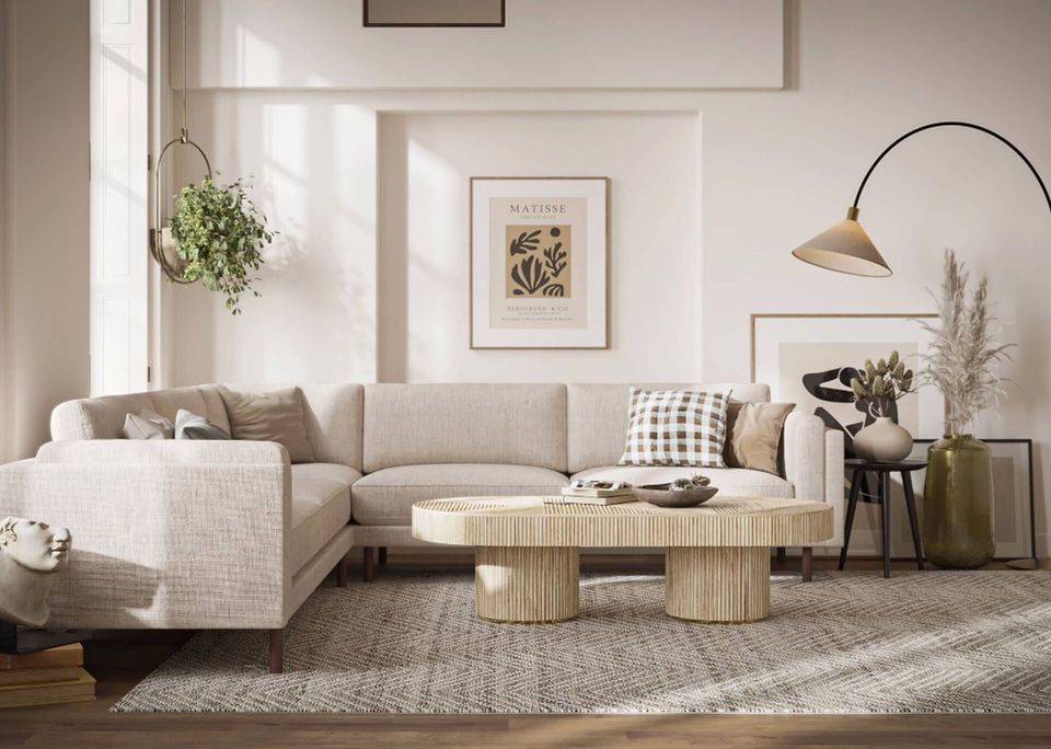 3D rendering of a modern living room showcasing furniture modeling and visualization