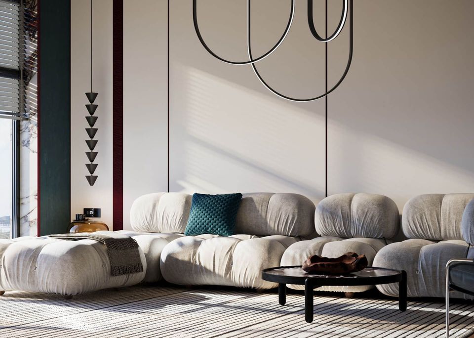 3D furniture rendering showcasing a modern living room with a plush sofa and stylish decor
