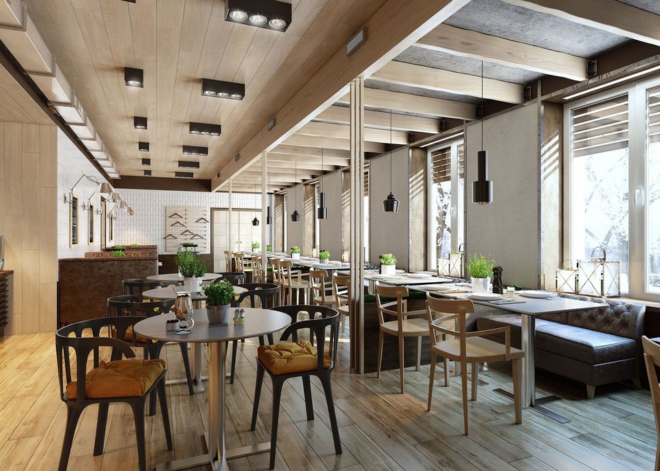 High-quality 3D interior rendering showcasing a modern restaurant with bespoke furniture, highlighting photorealistic visualization and CG rendering techniques.