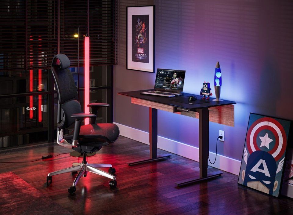 3D rendered image of a modern workspace featuring a desk and chair, showcasing 3D furniture modeling and interior visualization