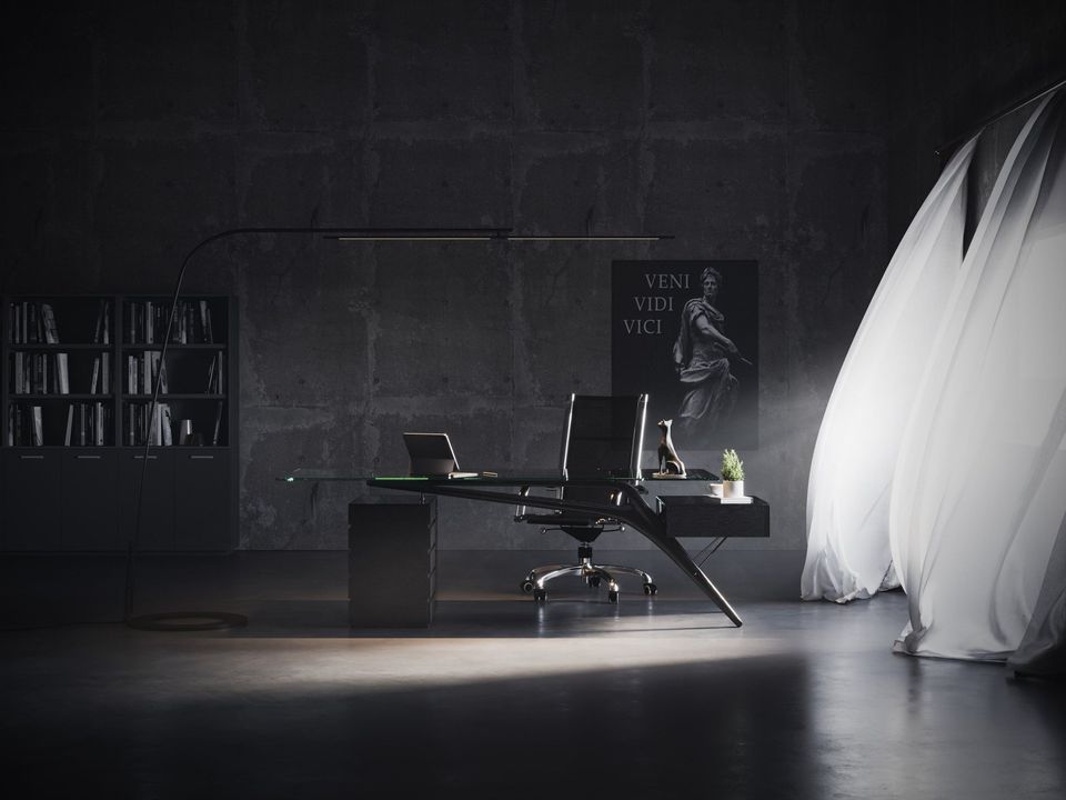 3D Rendering Of A Dark Office With Glass Desk, Tall Lamp, And Flowing Curtains