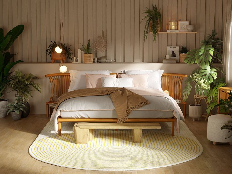 Realistic 3D interior rendering showcasing a trendy bedroom with realistic house fittings and decor, highlighting 3D house fittings modeling and visualization.