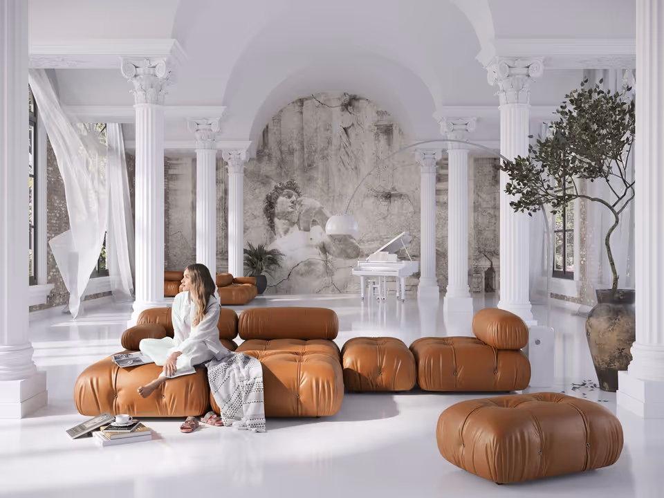 3D furniture modeling and rendering showcasing modern leather furniture in a classical interior, featuring high-quality 3D visualization and photorealistic rendering.