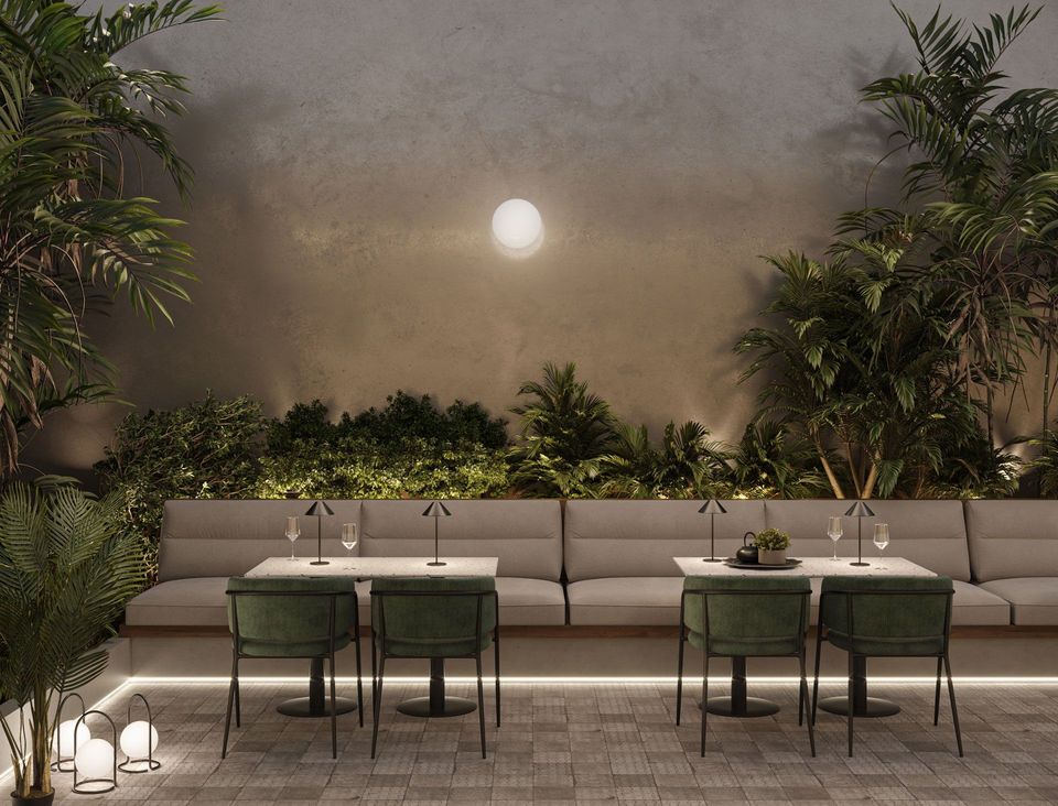 Realistic 3D rendering of an outdoor seating area with trendy house fittings, showcasing realistic house fittings rendering and 3D lifestyle visualization.