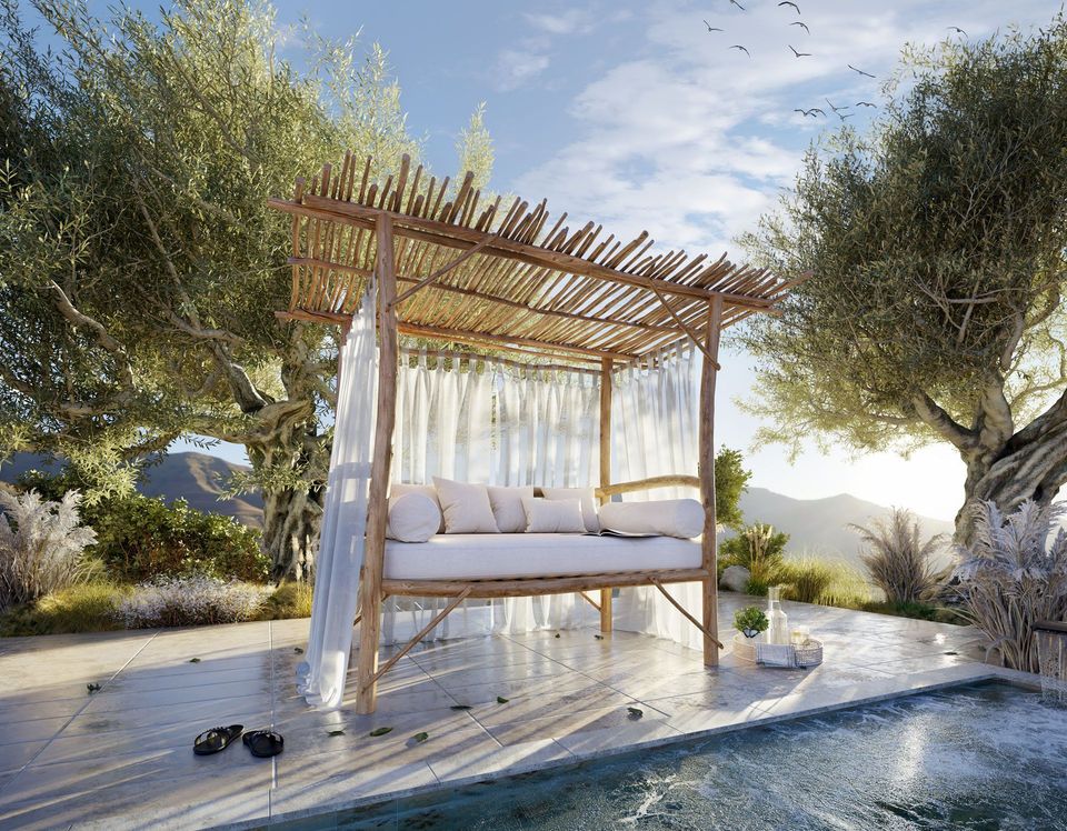 3D Rendering for a Poolside Cabana Daybed with Wooden Pergola and White Curtains