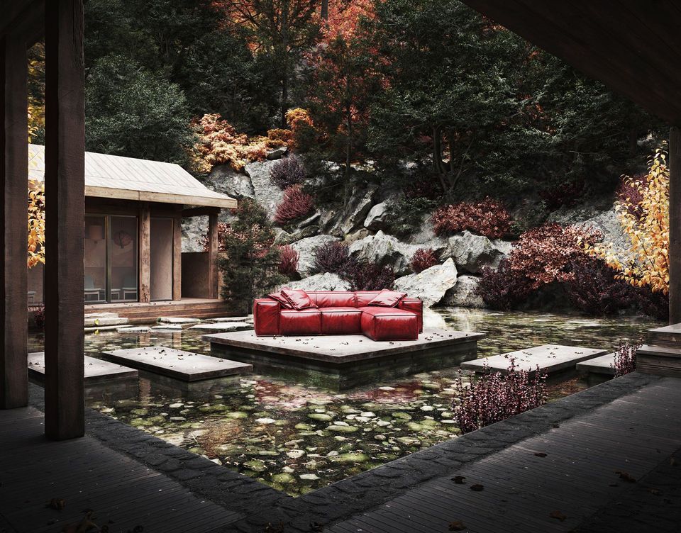 3D furniture modeling and rendering of a red sofa in a serene outdoor environment, showcasing top-notch 3D visualization and photorealistic CGI.