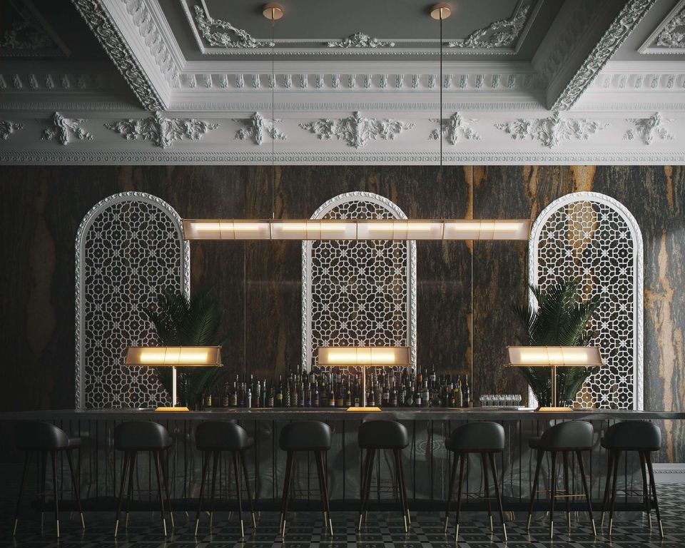 Top-notch 3D rendering of a luxurious bar interior with intricate design, showcasing 3D furniture modeling and photorealistic visualization.
