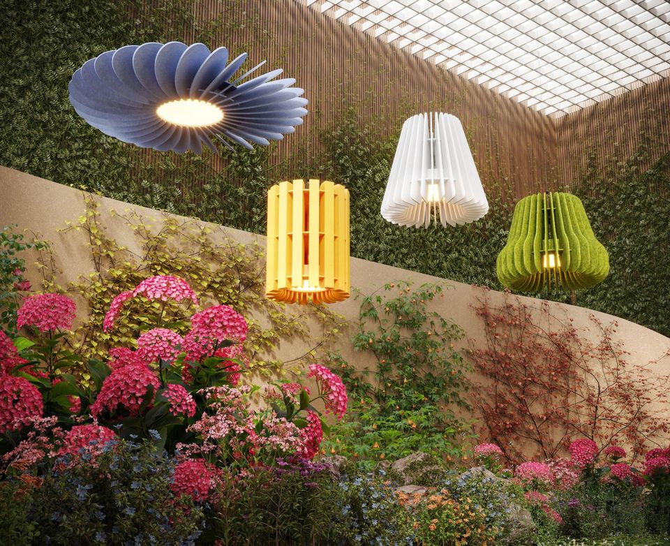 3D interior rendering showcasing trendy lighting fixtures in a garden setting, highlighting 3D house fittings modeling and photorealistic visualization.