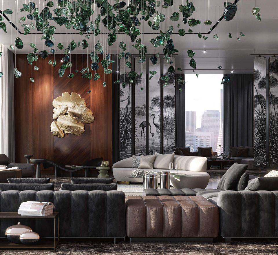 Photorealistic 3D rendering of a luxury living room showcasing bespoke house fittings and intricate interior design elements.