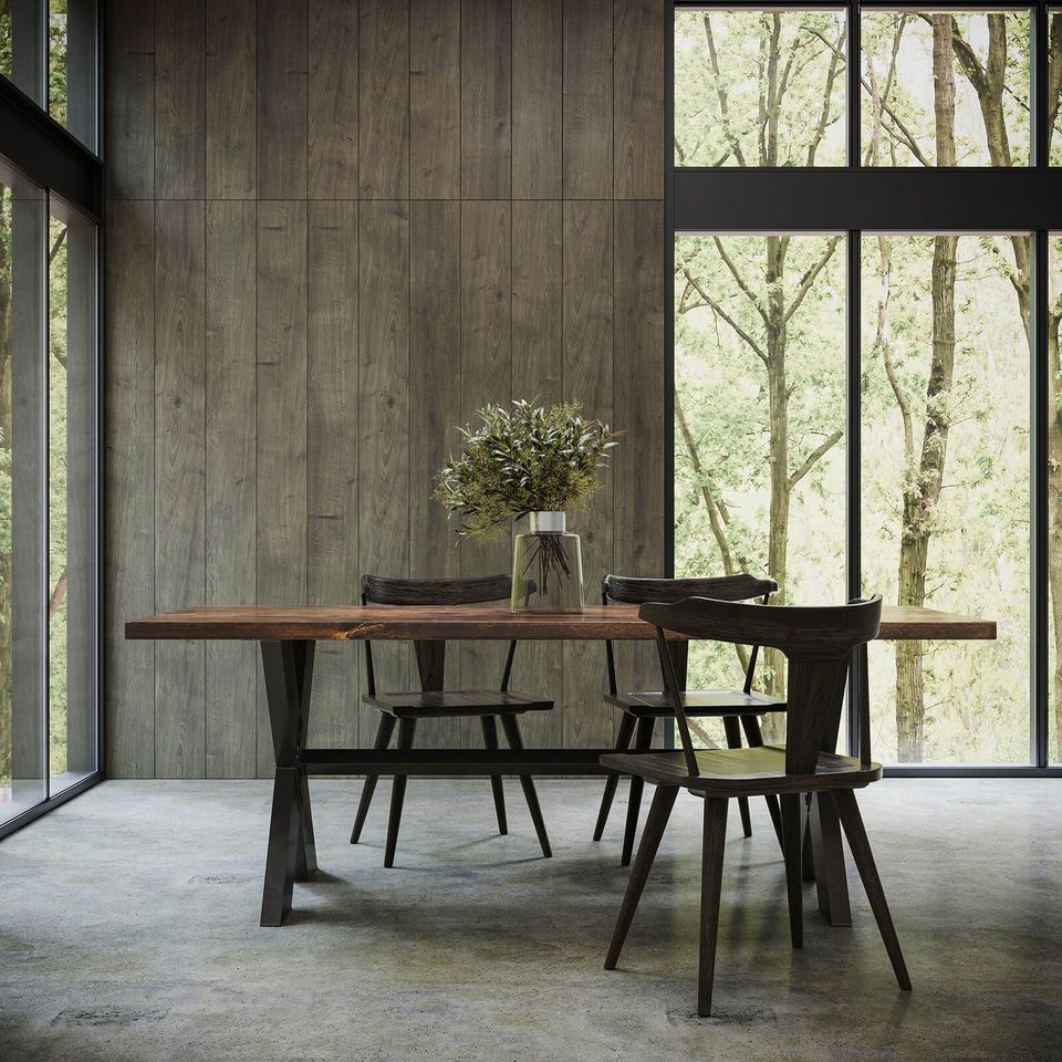 High-quality 3D furniture modeling and rendering showcasing a modern dining table and chairs in a natural light setting, emphasizing photorealistic visualization and interior design.