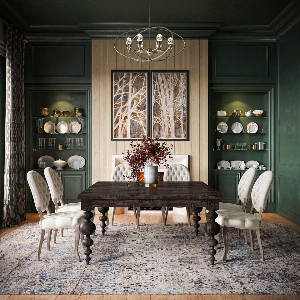 High-quality 3D rendering of a dining room showcasing bespoke furniture modeling and photorealistic visualization.