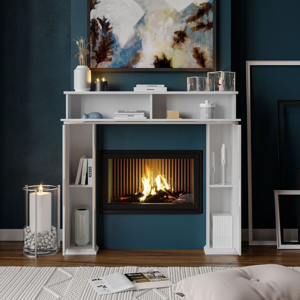 Realistic 3D rendering of a trendy fireplace with bespoke house fittings, showcasing realistic interior design and photorealistic visualization.