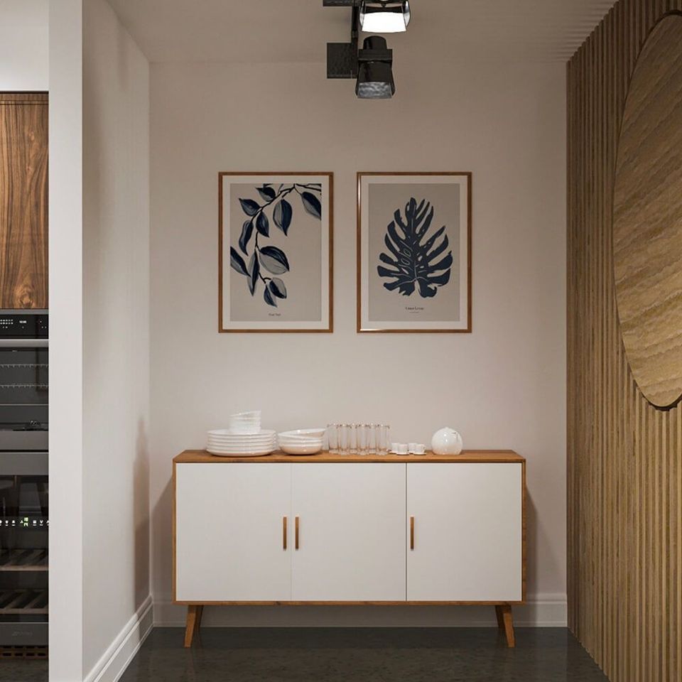 3D furniture rendering showcasing a modern sideboard in a stylish interior setting, highlighting 3D modeling and rendering techniques.