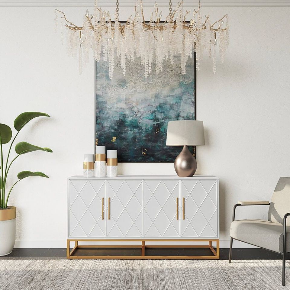 High-quality 3D furniture modeling and rendering showcasing a modern interior design with a white cabinet, elegant decor, and realistic lighting.