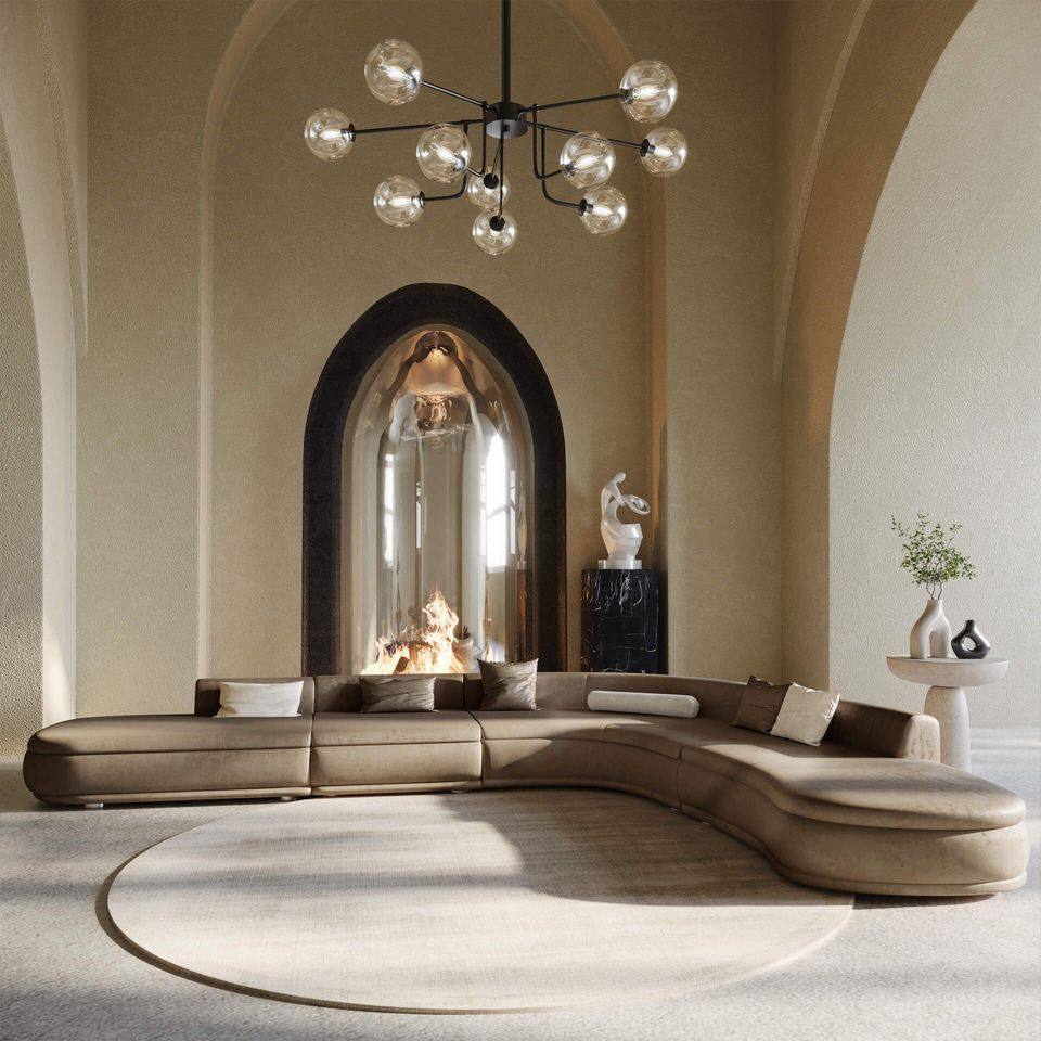 3D Rendering Of A Light Brown Sofa With Cushions In A High-End Living Room With Beige Accents