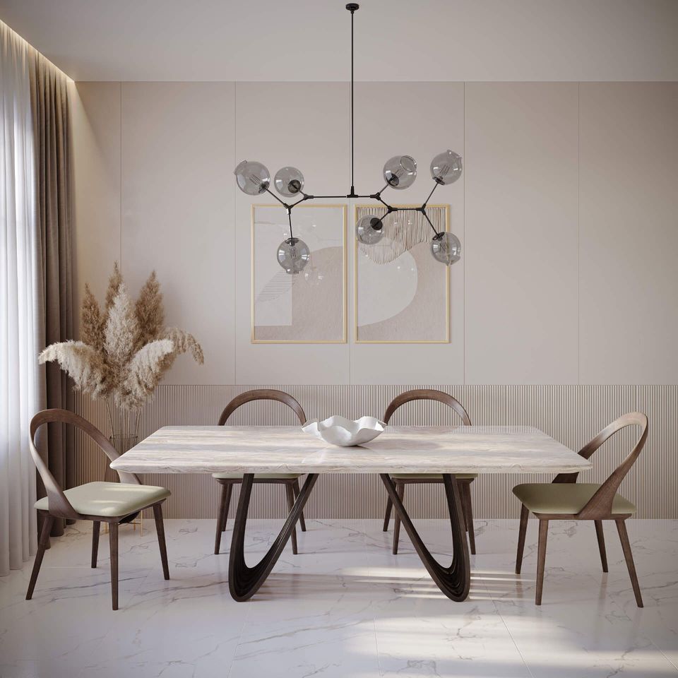Top-notch 3D rendering of a trendy dining room showcasing bespoke furniture design, featuring a stylish table and chairs, highlighting 3D furniture modeling and visualization.
