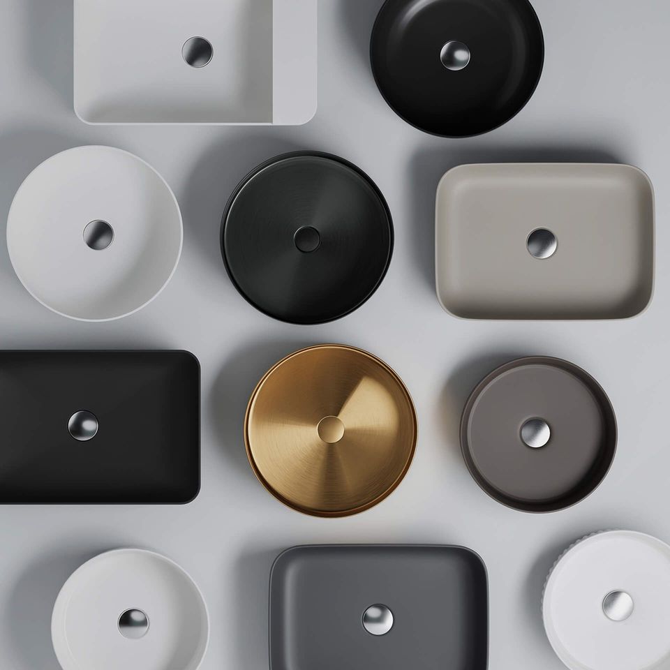 Top view of various stylish sink designs in a 3D product rendering, showcasing first-class visualization and photorealistic CGI.