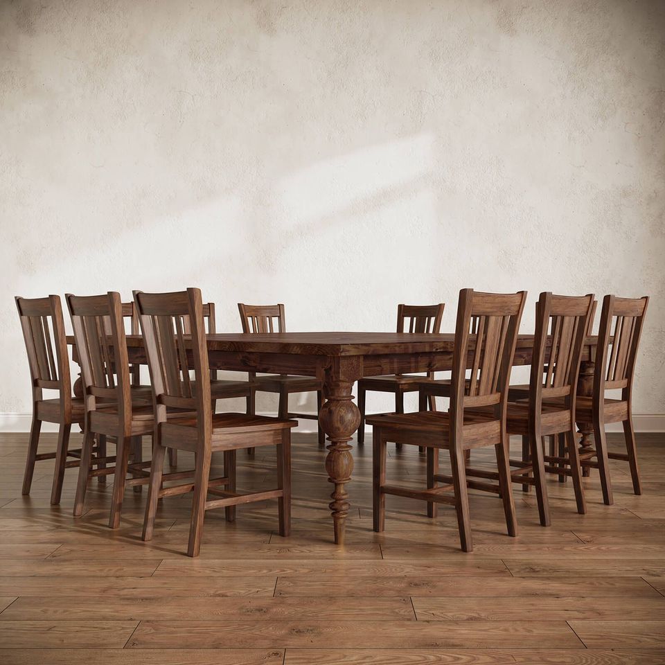 High-quality 3D rendered image of a wooden dining table and chairs, showcasing realistic furniture rendering and 3D visualization.