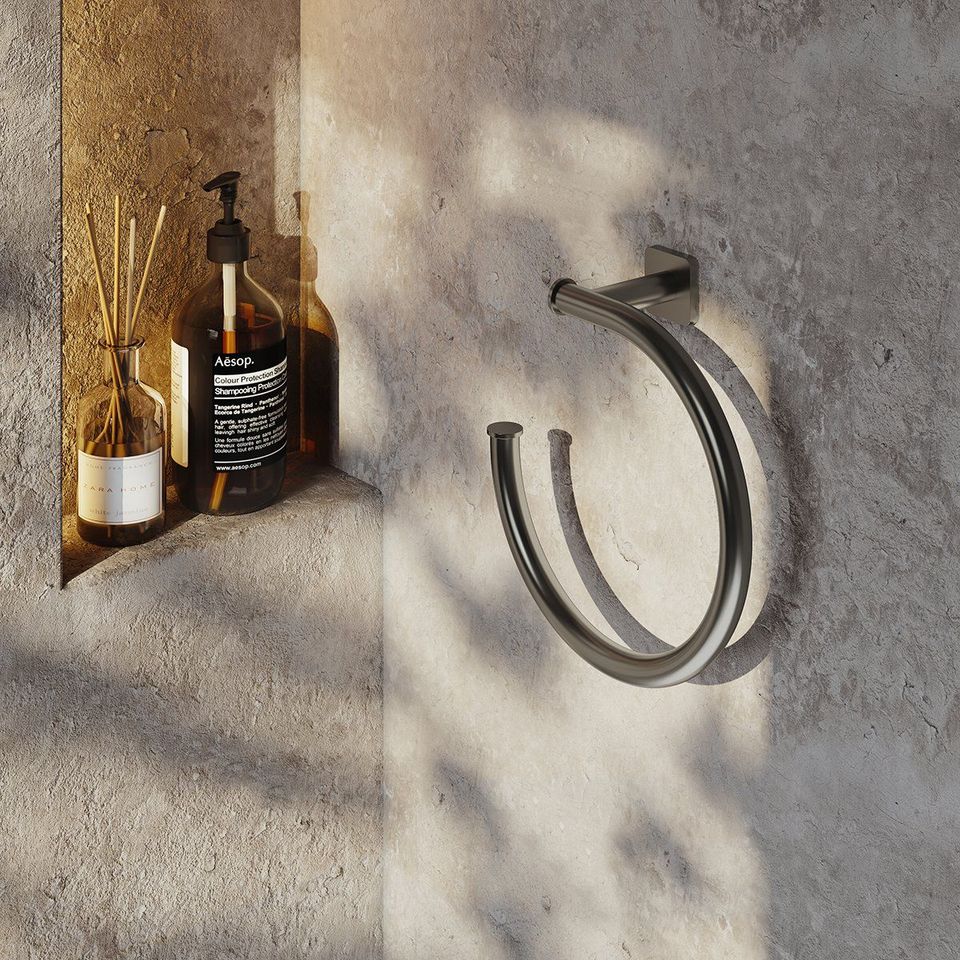 Lifestyle Rendering Of Bathroom Accessories In A Modern Setting With Concrete Tiling