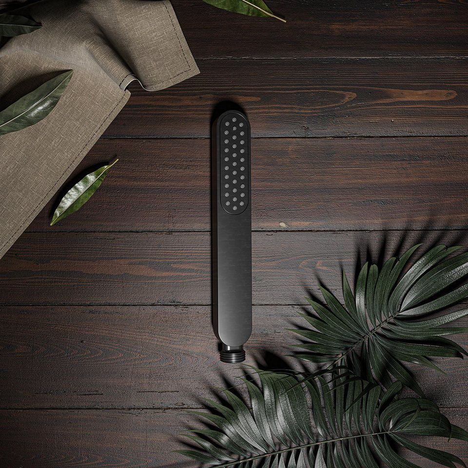 High-quality 3D product rendering of a sleek modern shower head on a wooden surface, showcasing realistic furniture rendering and photorealistic visualization.