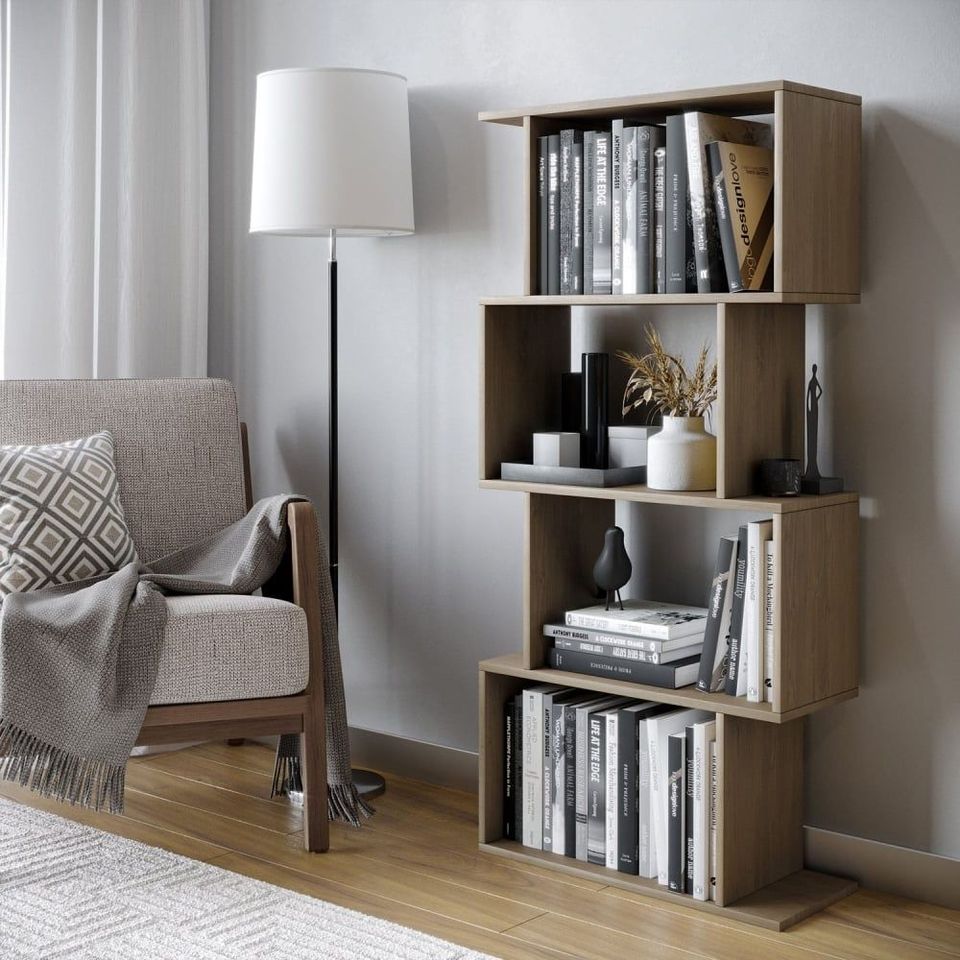 Neutral Reading Nook With Wooden Bookcase And Floor Lamp Shown Through A Detailed 3D Visualization